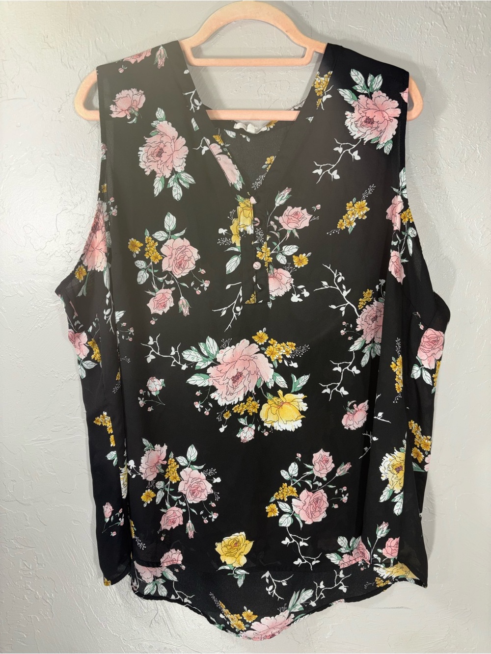 Maurices Black Floral V-Neck Sleeveless Blouse with Pink & Yellow Flowers - Picture 8 of 12